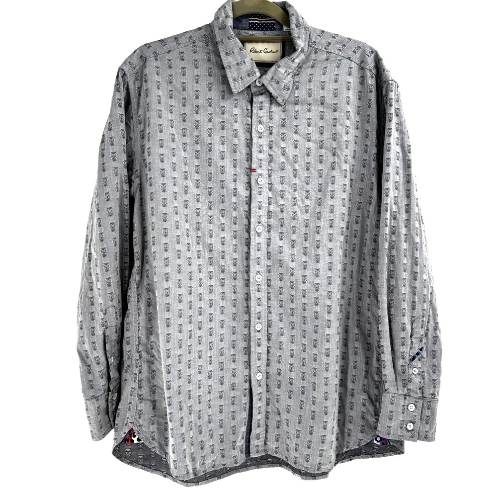 Robert Graham Tailored Fit Tiki Shirt Men's XL Gray Preppy Hawaiian Designer
